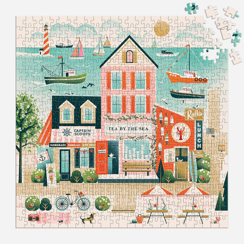 Galison Beside The Sea 500 Piece Puzzle - Fun Activity with Bright Artwork of Village and Sea Scenery