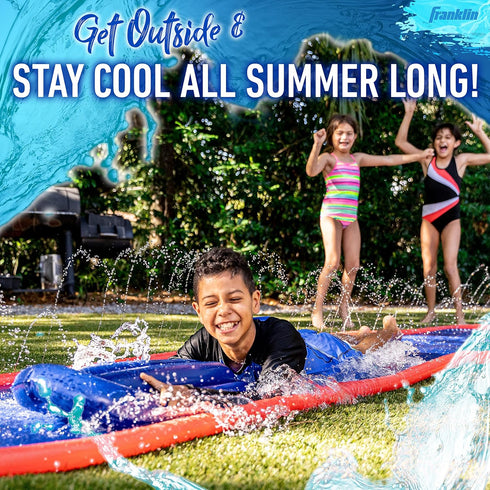 Franklin Sports Aqua Ride Kids Waterslide, 25' Lawn Water Sliding Mat + Inflatable Surf Board, Outdoor Toy
