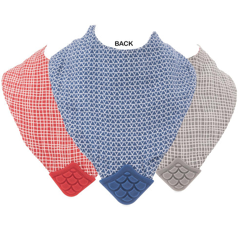 Nuby Reversible 100% Natural Cotton Muslin 3 Piece Teething Bib, Grey/Red/Blue, Arrows/Stripes/Elephants
