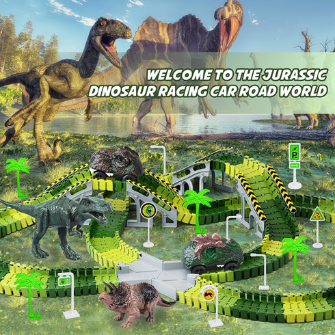 Dinosaur Toys, 252 PCS Create A Dinosaur World Road Race Tracks, Flexible Track Playset, 2pcs Dinosaur Car for 3 4 5 6