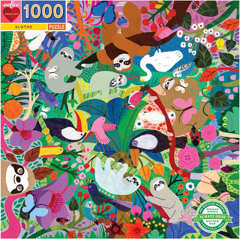 1000 eeBoo: Piece and Love Sloths Piece Square Adult Jigsaw Puzzle, Puzzle for Adults and Families, Glossy, Sturdy