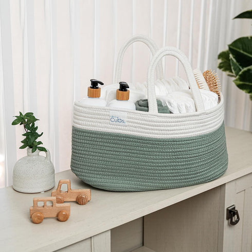 Comfy Cubs Large Diaper Caddy Organizer - Portable Nursery Storage Bin & Car Travel Basket with Dividers, Sage