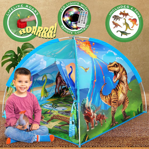 W&O Dino Paradise Super Dome - Dinosaur Tent with Roar Button and LED Lights for Kids Aged 3-12, Indoor & Outdoor Fun