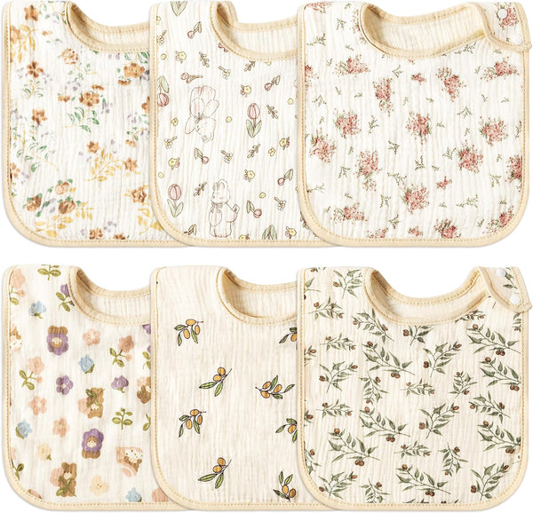 Zainpe 6Pcs Snap Muslin Cotton Baby Bibs - Soft Absorbent Burp Cloths for Newborns Drooling Feeding
