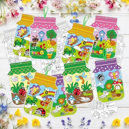 CY2SIDE 80PCS Summer Spring Bugs Jar Coloring Kit - Color Your Own Bug Hanging Ornaments with Ribbon, Spring Insect