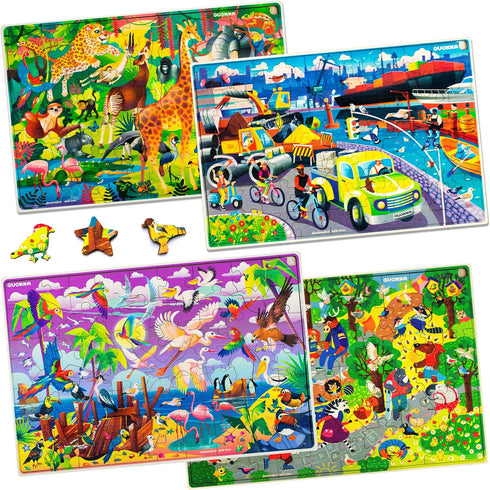 QUOKKA Wooden Kids Puzzles Ages 4-6 - 4 x 60 Piece Puzzles for Kids Ages 4-8, Cars, Ships, and Animals