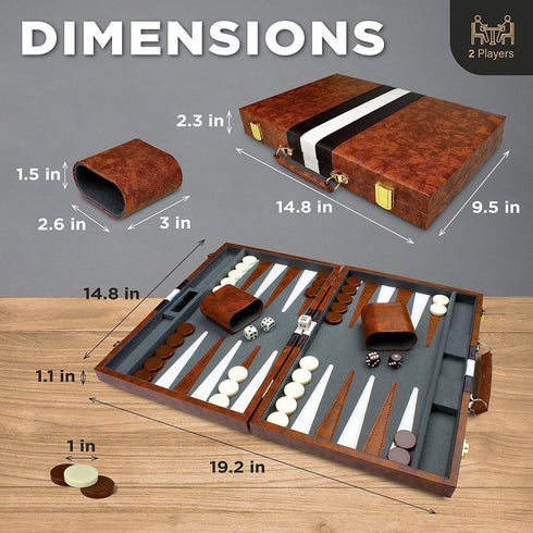Backgammon Sets for Adults, Leather Board Games for Travel, 15 Inch Board with 32 Pieces in Quality Set