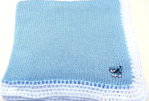 Sanjit Knitted Crochet Finished Blue Cotton White Trim Baby Blanket with Blue Dog