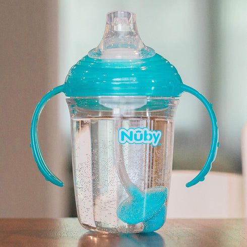 Nuby No Spill 360 Weighted Straw Grip N' Sip Tritan Cup, 8 Oz, Trainer Cup, Teal with Hygienic Cover