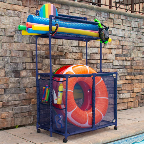 Pool Noodles Holder, Large Mesh Rolling Double Decker Storage Organizer Bin for Toys, Floats, Balls with Noodle Rack