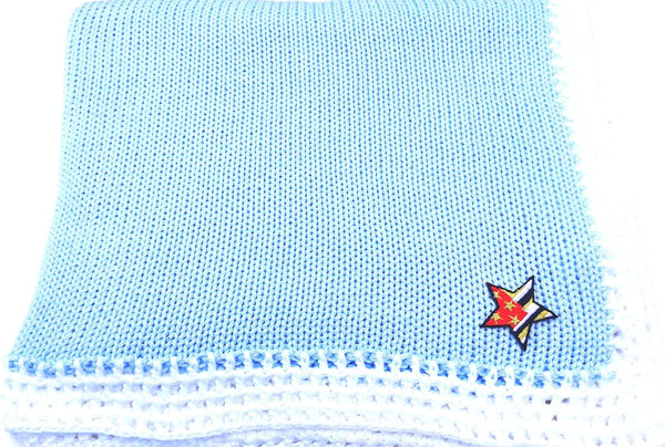 Sanjit Knitted Crochet Finished Blue Cotton White Trim Baby Blanket with Star Flag
