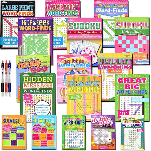 17-Pack Sudoku Puzzles for Adults, Large WordSearch Puzzle for Seniors, Brain Stimulation Activity Books (Variety Pack