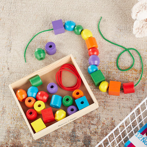 Melissa & Doug Primary Lacing Beads - Educational Toy with 8 Wooden Beads and 2 Laces for Kids