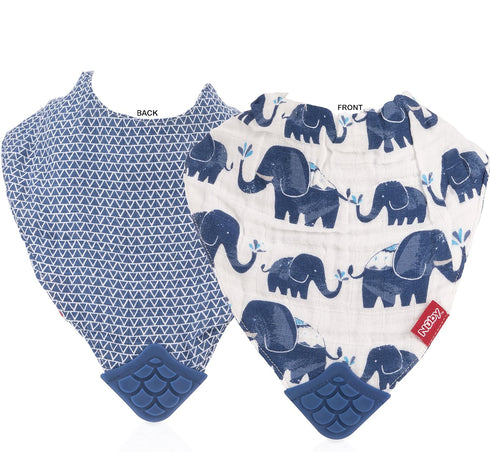 Nuby Reversible 100% Natural Cotton Muslin 3 Piece Teething Bib, Grey/Red/Blue, Arrows/Stripes/Elephants