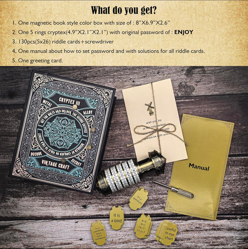 130 Da Vinci Code Mini Cryptex Lock Puzzle Box Vintage-Style Password Puzzle with Riddle Cards, Educational Brain