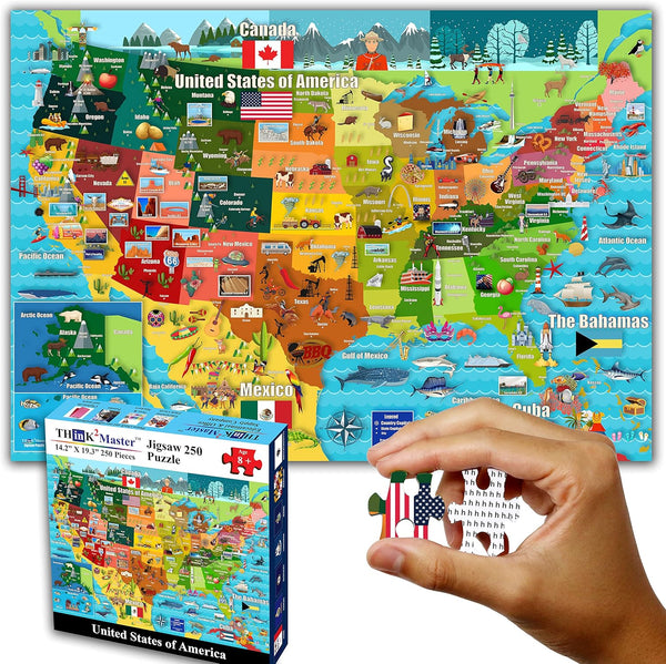 Think2Master United States Map 250 Pieces Jigsaw Puzzle - Fun Educational Toy for Kids, Great Gift for Ages 8+
