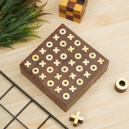 Ajuny Tic Tac Toe Board Games, Decorative Storage Box with Wooden Brass Inlays for Kids and Adults