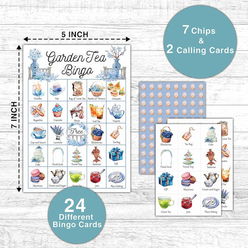 Garden Tea Bingo Game - 24 Players Bingo Card Set for Indoor Outdoor Activities - Tea Party, Bridal Shower, Birthday