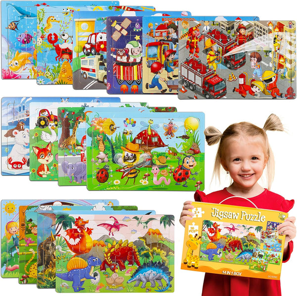 Puzzles for Kids Ages 4-8 - 14 Pack Wooden Jigsaw Puzzles, 30 Pieces, Preschool Educational Learning Toys Set