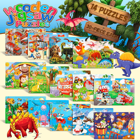 Puzzles for Kids Ages 4-8 - 14 Pack Wooden Jigsaw Puzzles, 30 Pieces, Preschool Educational Learning Toys Set