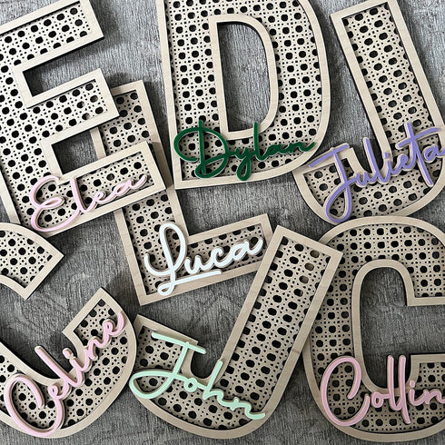 Custom Boho Wood Personalized Initial & Name Sign - Handmade Rattan Wall Decor for Nursery or Child's Bedroom - Baby