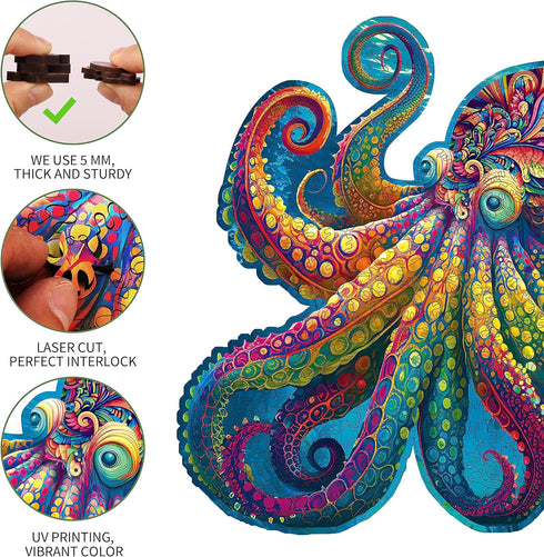 Unique Wooden Jigsaw Puzzles - Agate Octopus, 300 Pcs Medium Size, Luxurious Animal Shaped Wood Puzzle