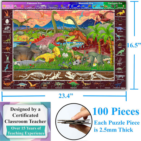 Think2Master 100 pieces Dinosaurs Jigsaw Puzzle fun colorful educational toy for kids, school & families. Great gift for boys & girls ages 4-8 to stimulate learning. Size:23.4” X 16.5”
