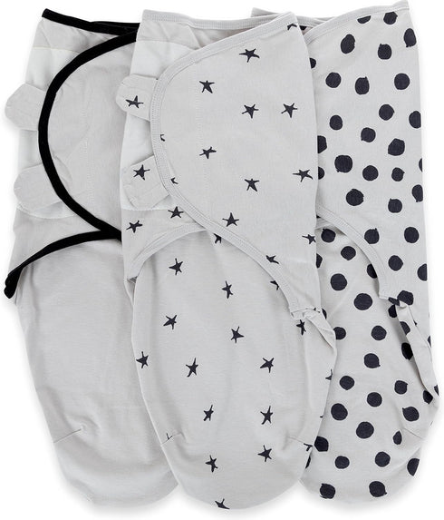 Set 3 Pack 0-3 Ely's & Co. Adjustable Swaddle Blanket Infant Baby Wrap Grey and Black Months