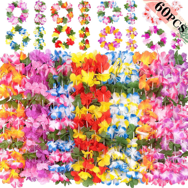 jollylife 60PCS Hawaiian Luau Leis Necklaces, Bracelets, Headbands for Tropical Summer Party Decorations