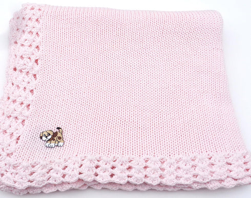 Bubu Knitted Crochet Finished Pink Cotton White Trim Baby Blanket With Brown Dog
