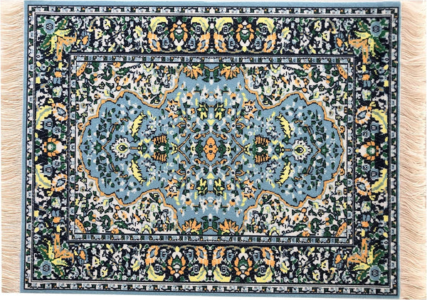 Blue Dollhouse Rug, Miniature Carpet for 3” to 12” Dolls, 10 x 7 Rectangle Toy House Accessory Decor