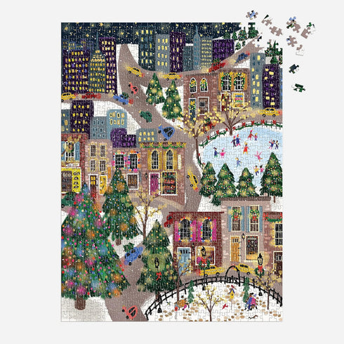 Galison Sparkling City - 1000 Piece Foil Puzzle with Colorful Illustrations and Gold Foil Accents