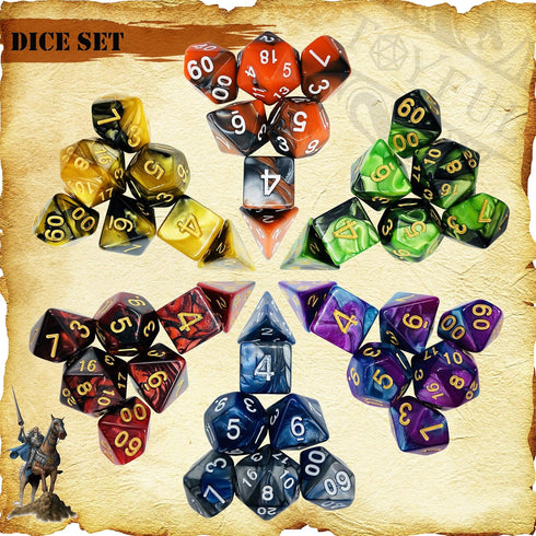 6 Sets Double-Color Polyhedral Dice for DND, RPG, MTG & Table Games - 7pcs Set with 6 Drawstring Bags & PU Leather Dice