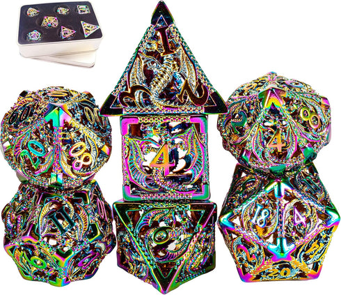 Dice Set Metal DND Unique Dragon Dice Dungeons and Dragons Dice Set Gifts Hollow Polyhedral 7CPS Role Playing Dice Set with Gift Box Suitable for D&D Table Play Cards Games PRG MTG(Dragon_Colorful)