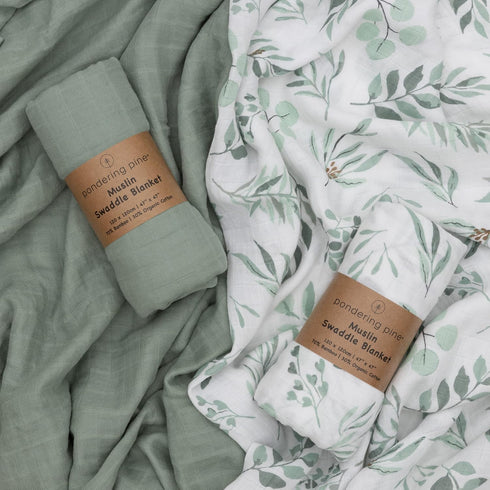 2 Pack 47" 47" Organic Baby Muslin Swaddle Blankets for Boy or Girl - Eucalyptus Leaves and Sage Swaddling Blanket