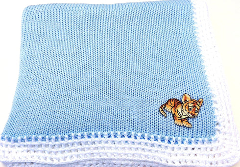 Sanjit Knitted Crochet Finished Blue Cotton White Trim Baby Blanket with Applique'