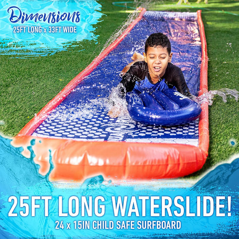 Franklin Sports Aqua Ride Kids Waterslide, 25' Lawn Water Sliding Mat + Inflatable Surf Board, Outdoor Toy