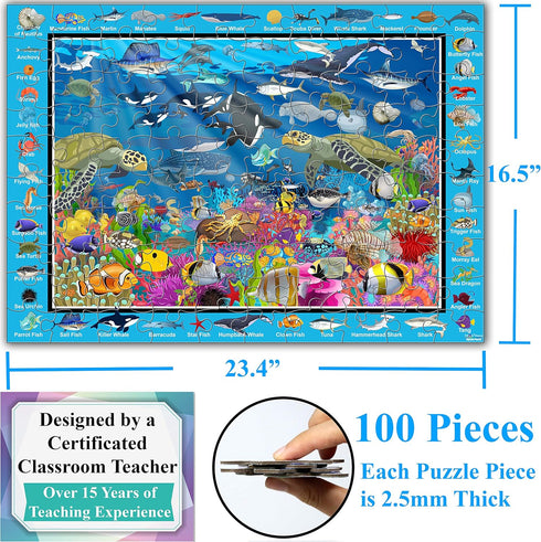 Think2Master 100 Pieces Colorful Ocean Life Jigsaw Puzzle for Kids, Families & School, Size: 23.4” x 16.5”