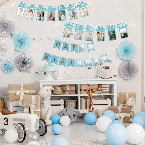 PartyHooman 1st Birthday Photo Banner for Baby, Monthly Milestones Garland for Boys, Pre-strung with Frame (Blue)
