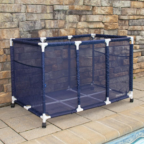 Pool Noodles Holder, Mesh Rolling Storage Organizer Bin for Toys, Balls, and Floats, Kids Height, Large (Blue/White