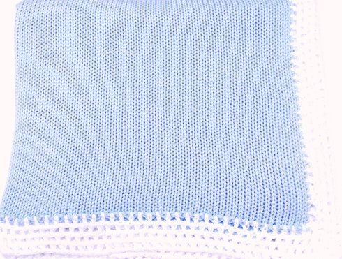 Sanjit Knitted Hand Crochet Finished Blue Cotton White Trim Baby Blanket