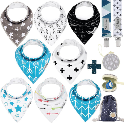 Dodo Babies Bandana Drool Bib Set, Eight 100% Cotton Bibs with Soft Lining, 2 Pacifier Clips, Blue Gift Bag
