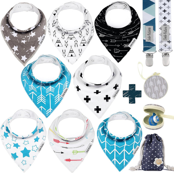 Dodo Babies Bandana Drool Bib Set, Eight 100% Cotton Bibs with Soft Lining, 2 Pacifier Clips, Blue Gift Bag