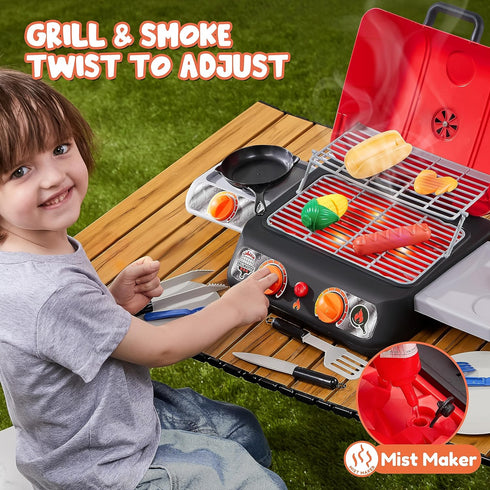 Kids BBQ Grill Playset, Kitchen Toy Set with Pretend Smoke, Light, Sound & Color-Changing Food for Boys & Girls