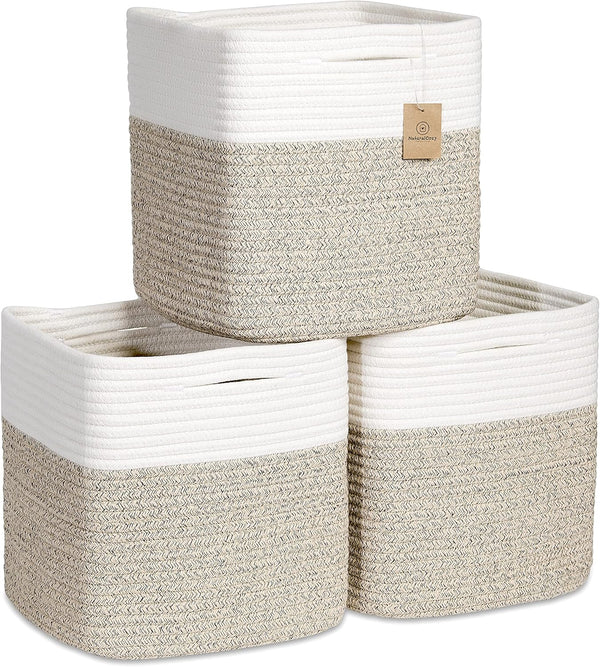 NaturalCozy Storage Cubes 11 Inch Cotton Rope Woven Baskets for Organizing, 3-Pack