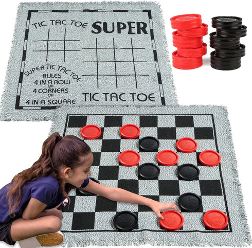 3-in-1 Vintage Giant Checkers and Tic Tac Toe Game with Reversible Mat, 24 Chips for Family Fun