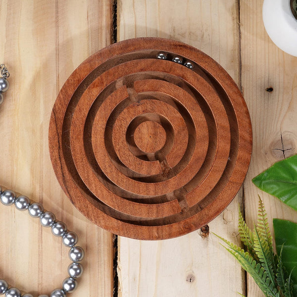 Ajuny Handcrafted Indian Wooden Round Labyrinth Ball Maze Puzzle Board Game - Challenging Education Game for Kids,