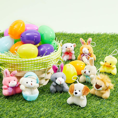 18 JOYIN Pcs Pre-Filled Easter Eggs with Plush Animal Toys, Egg Filled Keychain for Kids Hunt Goodie Bag Fillers Basket