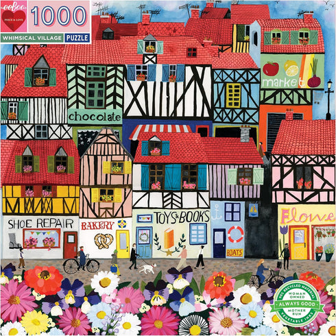eeBoo: Piece and Love Whimsical Village 1000-Piece Square Jigsaw Puzzle for Adults and Families