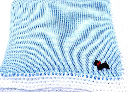 Sanjit Knitted Crochet Finished Blue Cotton White Trim Baby Blanket with Black Dog